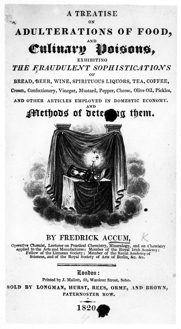 Titelsida för A Treatise on Adulterations of Food and Culinary Poisons av Frederick Accum, publicerad 1820 (tryckt papper) av English School