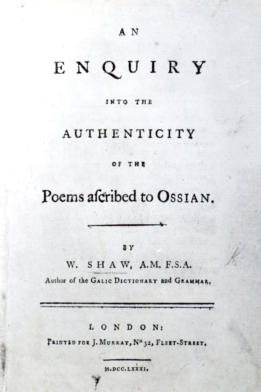 Titelsida för En undersökning om äktheten av dikterna som tillskrivits Ossian av William Shaw, publicerad 1781 (tryckt papper) av English School