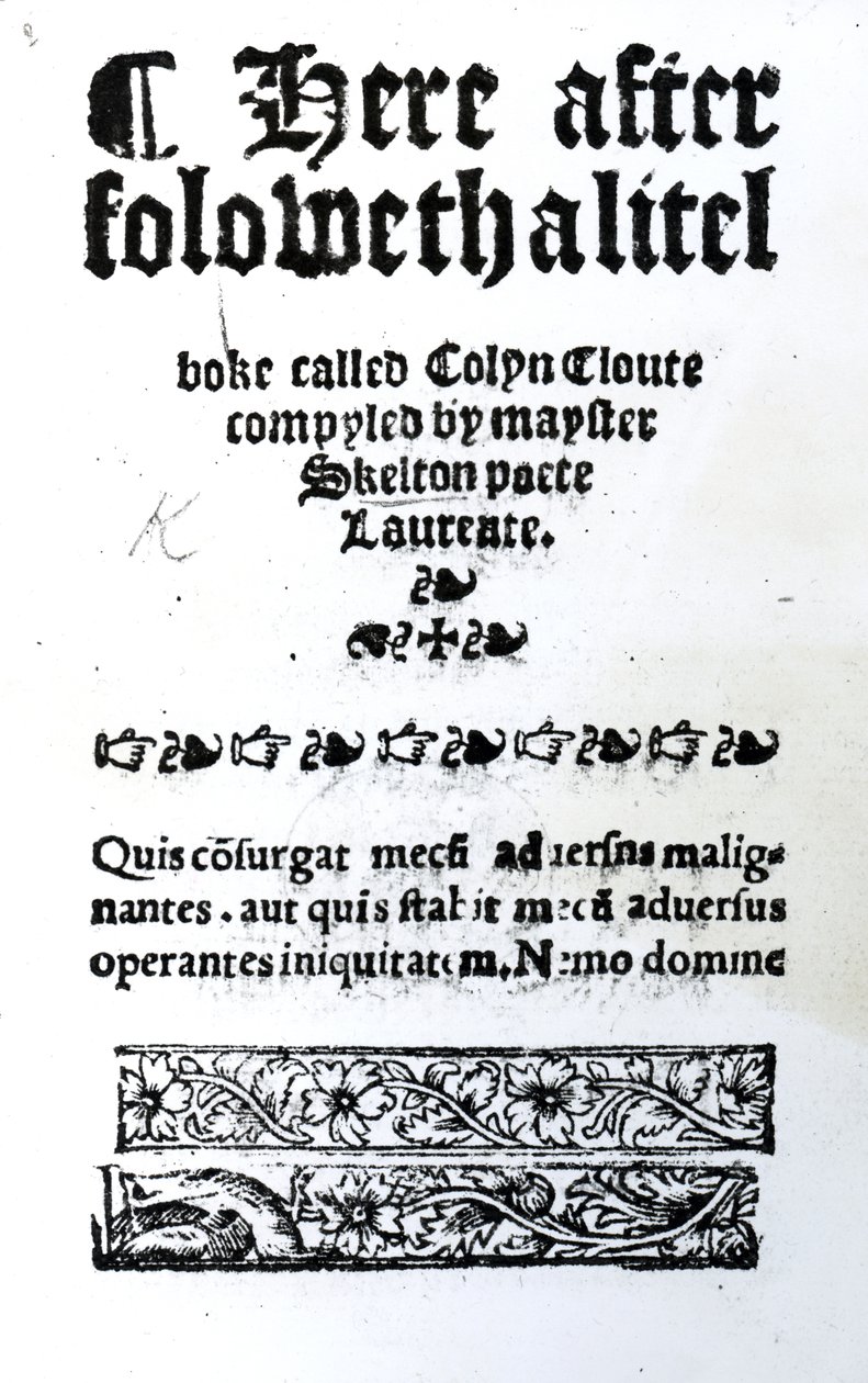 Titelsida för Colin Cloute av John Skelton, publicerad ca 1550 (tryckt papper) av English School