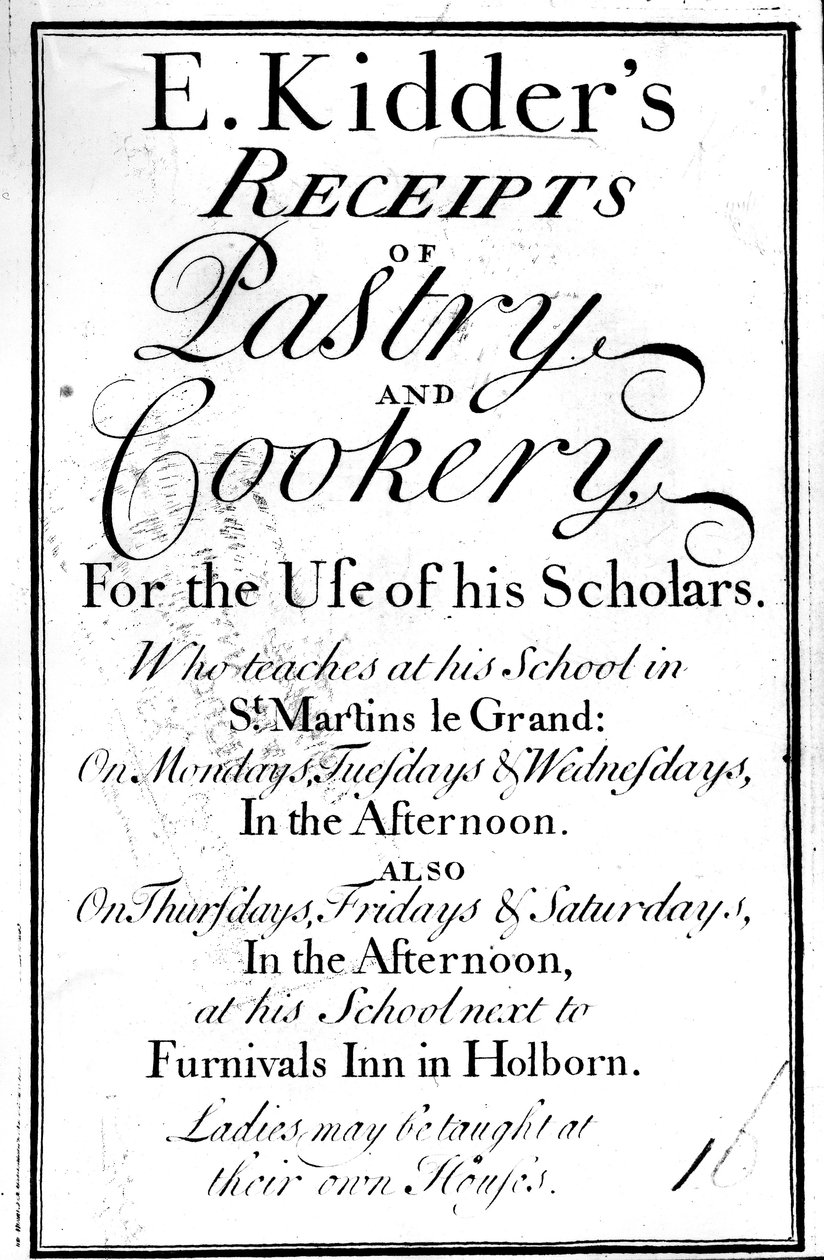 Titelsida för E. Kidders Receipts of Pastry and Cookery, av Edward Kidder, publicerad c.1730 av English School