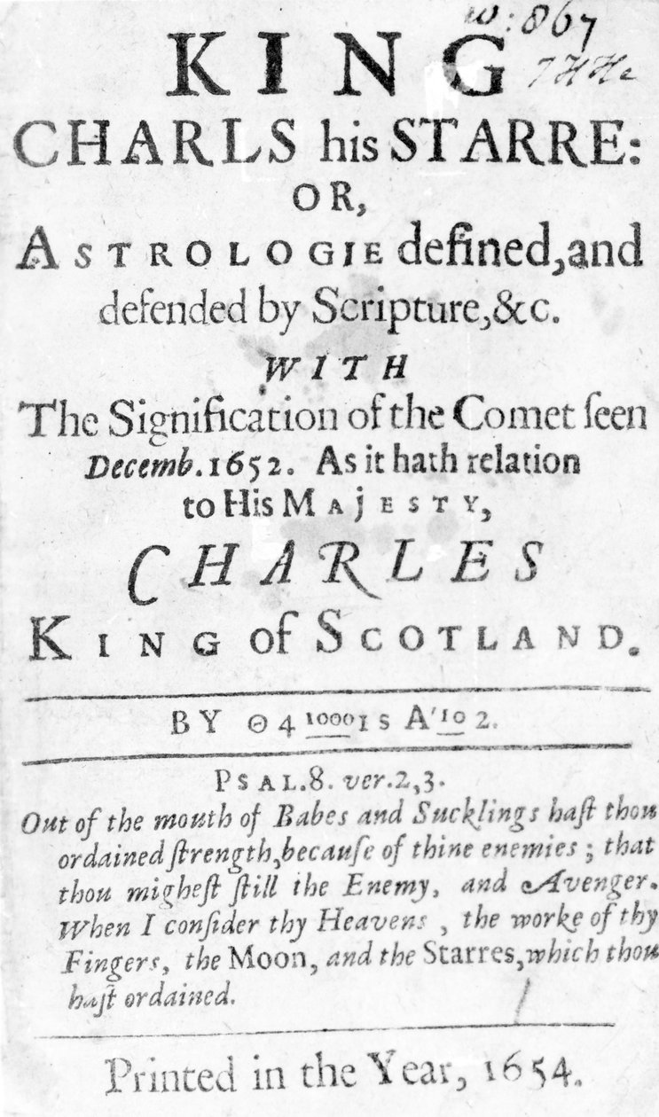 Titelsida för kung Charles hans Starre: Eller, Astrologie definierad och försvarad av Skriften, d&c., publicerad 1654 (boktryck) av English School