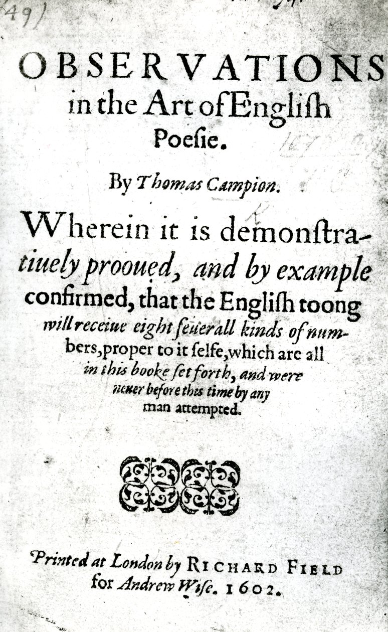 Titelsida för Observations in the Art of English Poesie av Thomas Campion, publicerad 1602 (tryckt papper) av English School