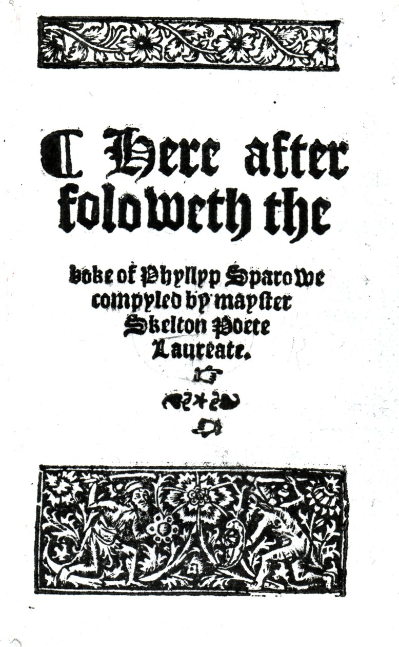 Titelsida för The Boke of Phyllyp Sparowe av John Skelton, publicerad ca 1550 (tryckt papper) av English School