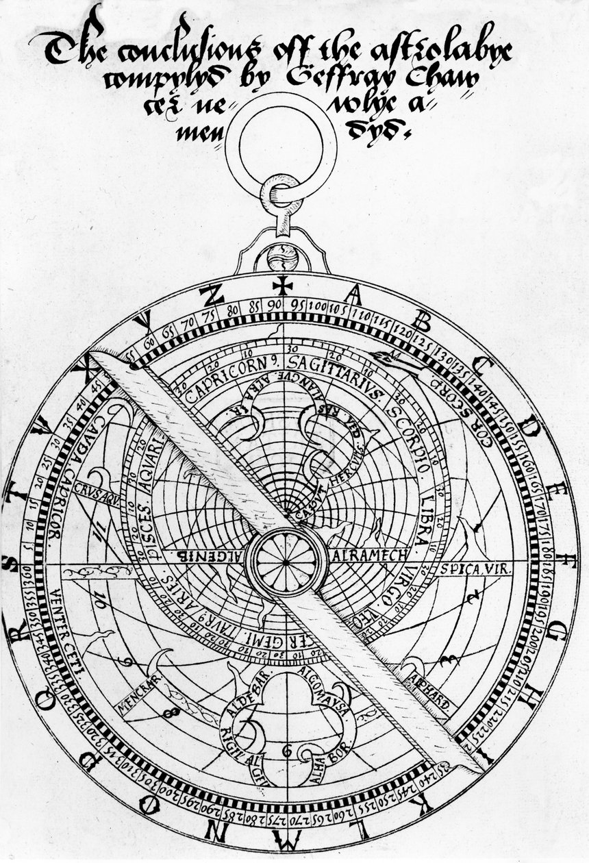 Titelsida för The Conclusions of the Astrolabye Compylyd av Geoffrey Chaucer Newlye Amendyd av Walter Stevins, ca 1555 (penna och bläck på papper) av English School