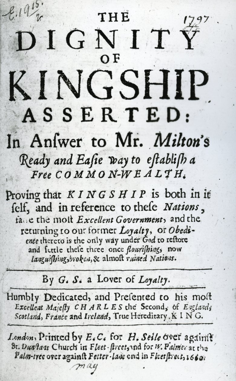 Titelsida för The Dignity of Kingship Asserted by G.S. a Lover of Loyalty, publicerad 1660 (tryckt papper) av English School