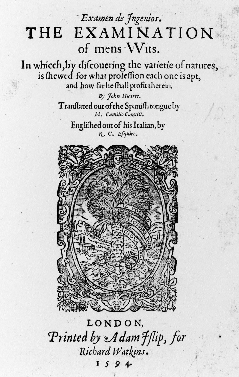 Titelsida för The Examination of Mens Wits av Juan Huarte, publicerad 1594 (tryckt papper) av English School