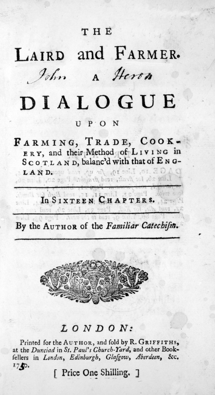 Titelsida för The Laird and Farmer av författaren till den bekanta katekesen, publicerad 1750 av English School