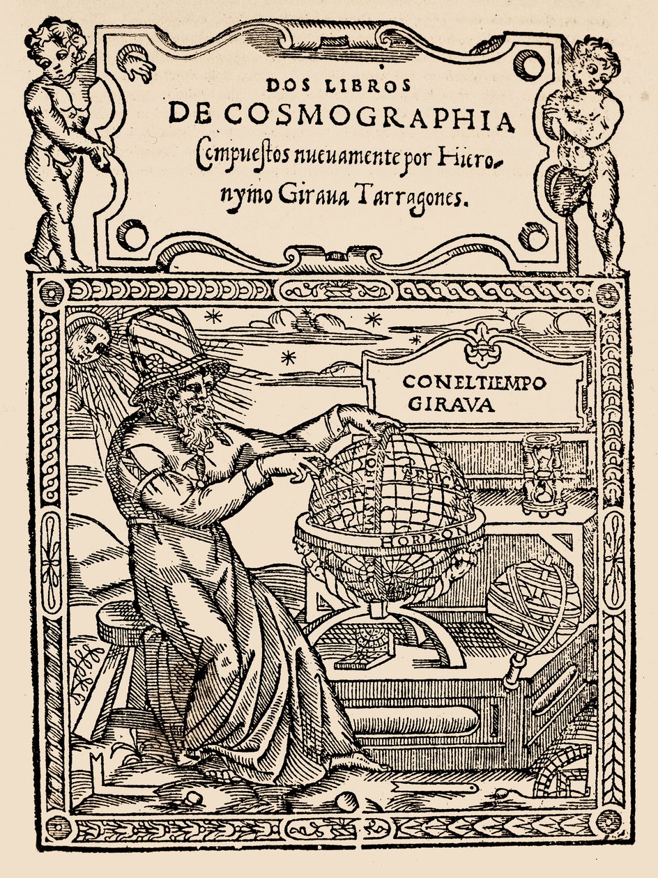 Titelsida för Two Books of Cosmography av Hieronymo Girana Tarragones, från The Narrative and Critical History of America, redigerad av Justin Winsor, London, 1886 (träblocktryck) av English School