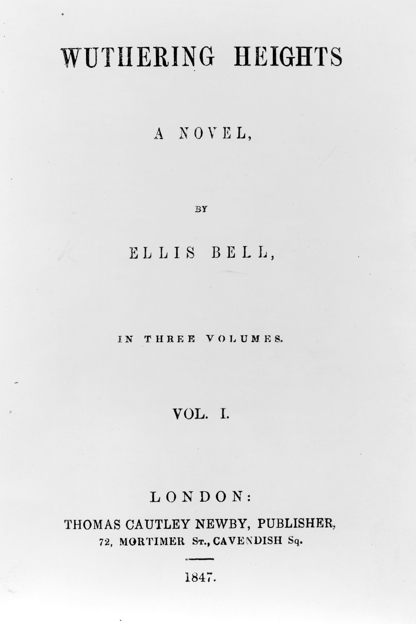 Titelsida för den första upplagan av Wuthering Heights av Ellis Bell (pseudonym för Emily Bronte), publicerad 1847 (tryckt papper) av English School