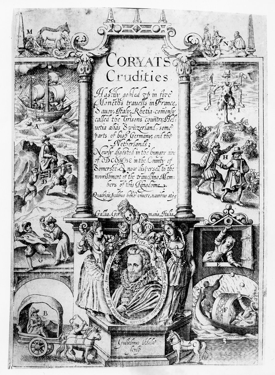 Titelsida från Coryats Crudities, publicerad 1611 av English School