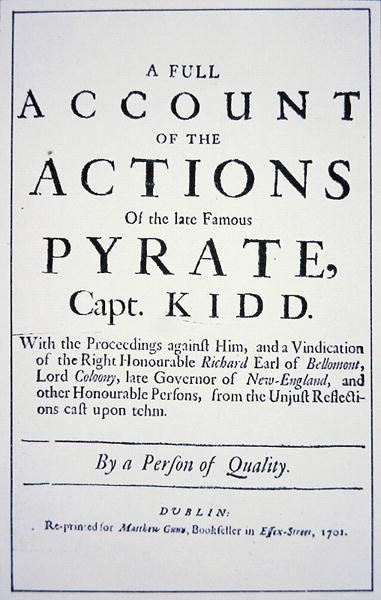 Titelsida på ett liv av piratkapten William Kidd, publicerad i London 1701 (litho) av English School