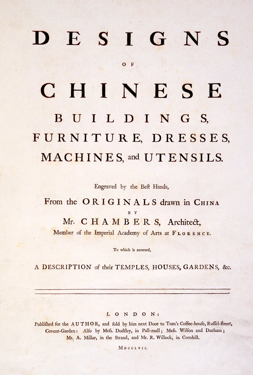Titelsida till design av kinesiska byggnader, möbler, klänningar, maskiner och redskap, 1757 (tryck) av English School