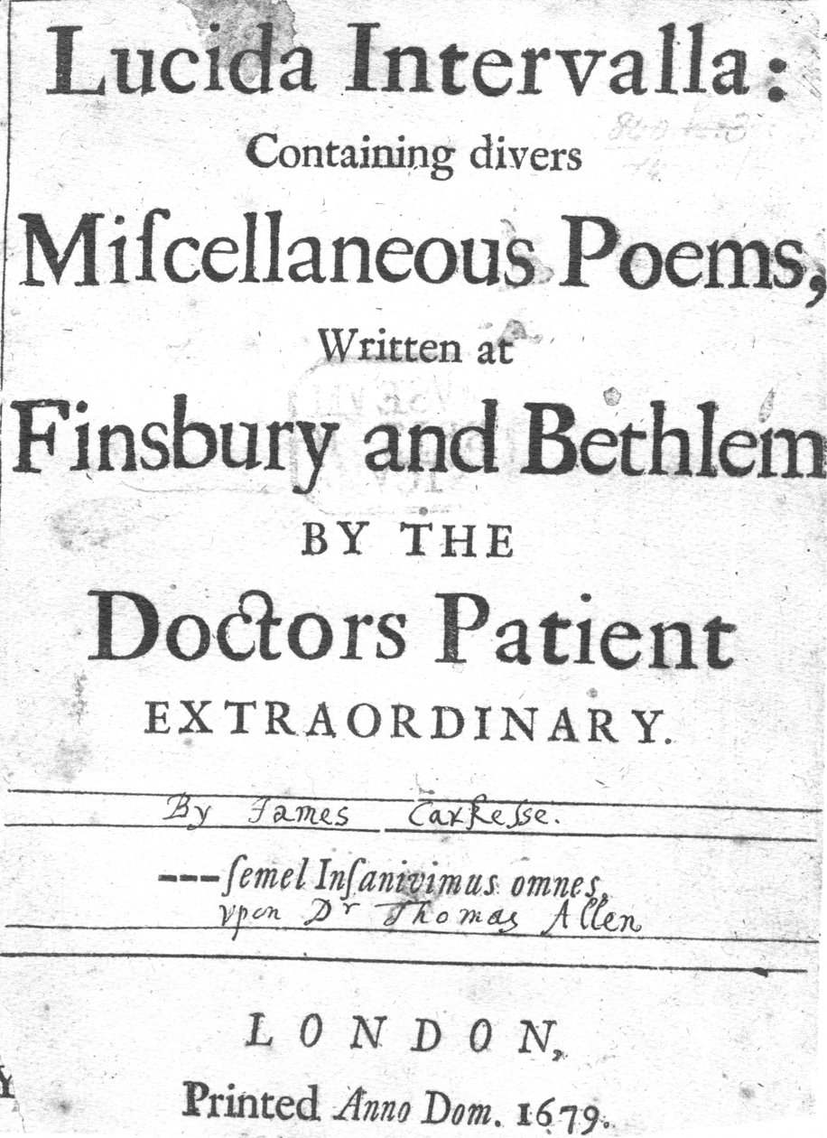 Titelsida till Lucida Intervalla av James Carkesse, publicerad 1679 (tryckt papper) av English School