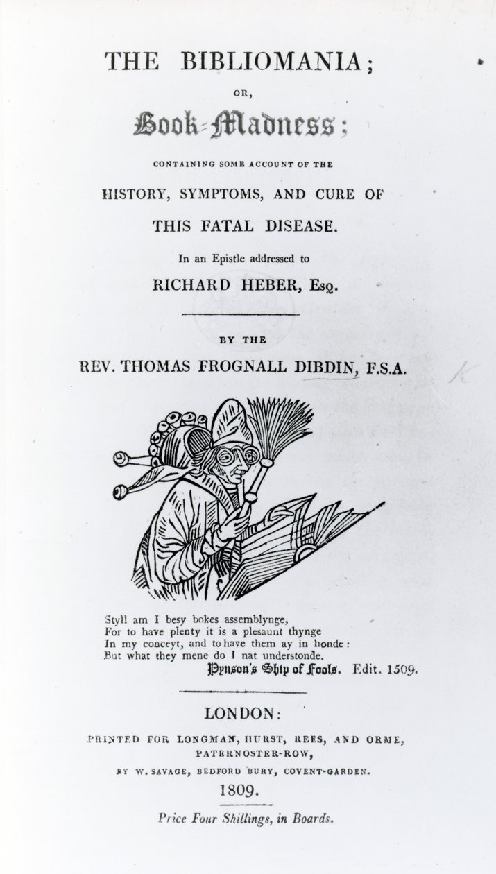 Titelsida till The Bibliomania av pastor Thomas Frognall Dibdin, publicerad 1809 (tryckt papper) av English School