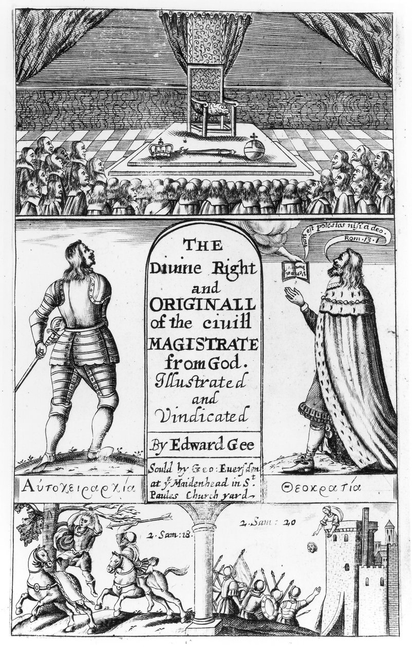 Titelsida till den gudomliga rättigheten och originalet av civildomaren från Gud, graverade av Edward Gee, 1658 av English School