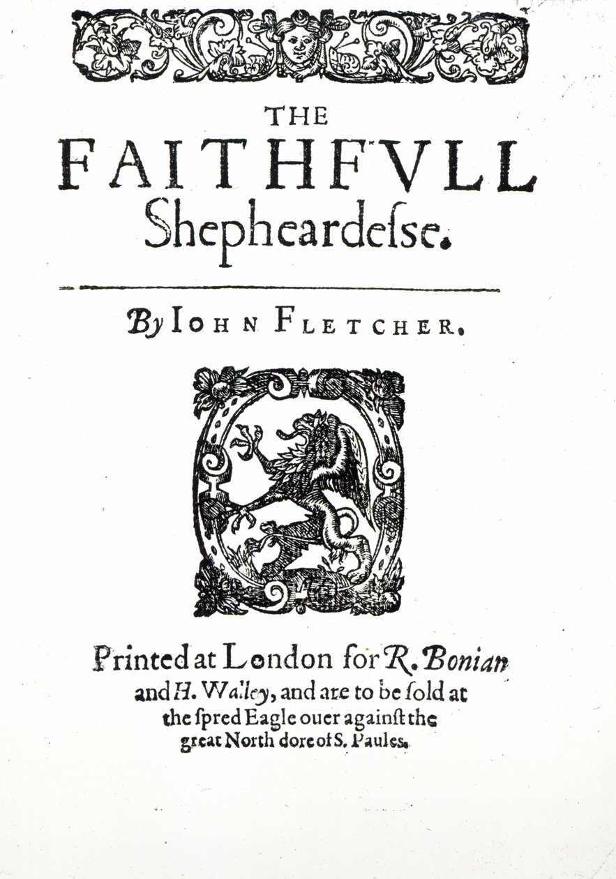 Titelsida till The Faithfull Shepherdess av John Fletcher, ca 1609 (tryck) av English School