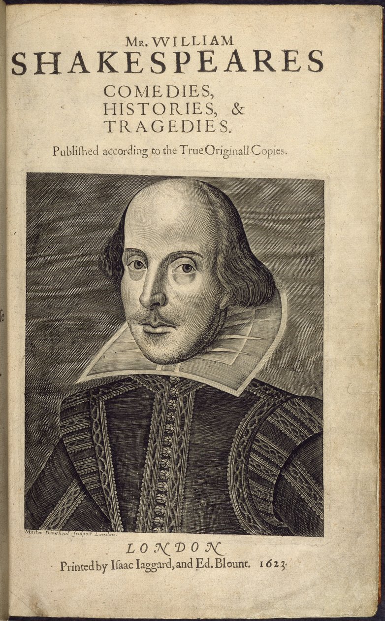 Titelsida med ett porträtt av Shakespeare, från 