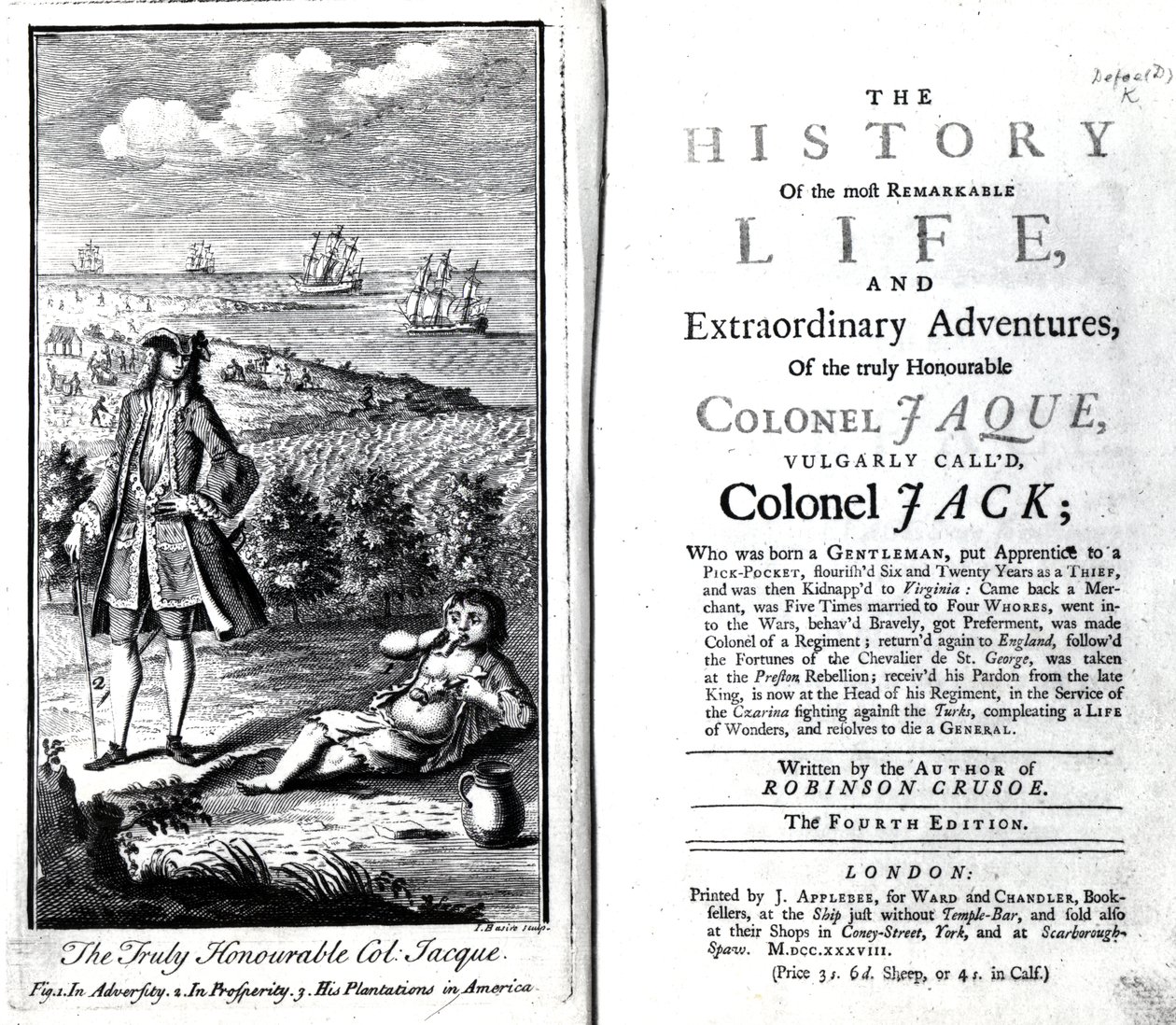 Titelsida och frontispice för historien om den verkligt ärade överste Jaques mest anmärkningsvärda liv och extraordinära äventyr av Daniel Defoe, 1738 av English School