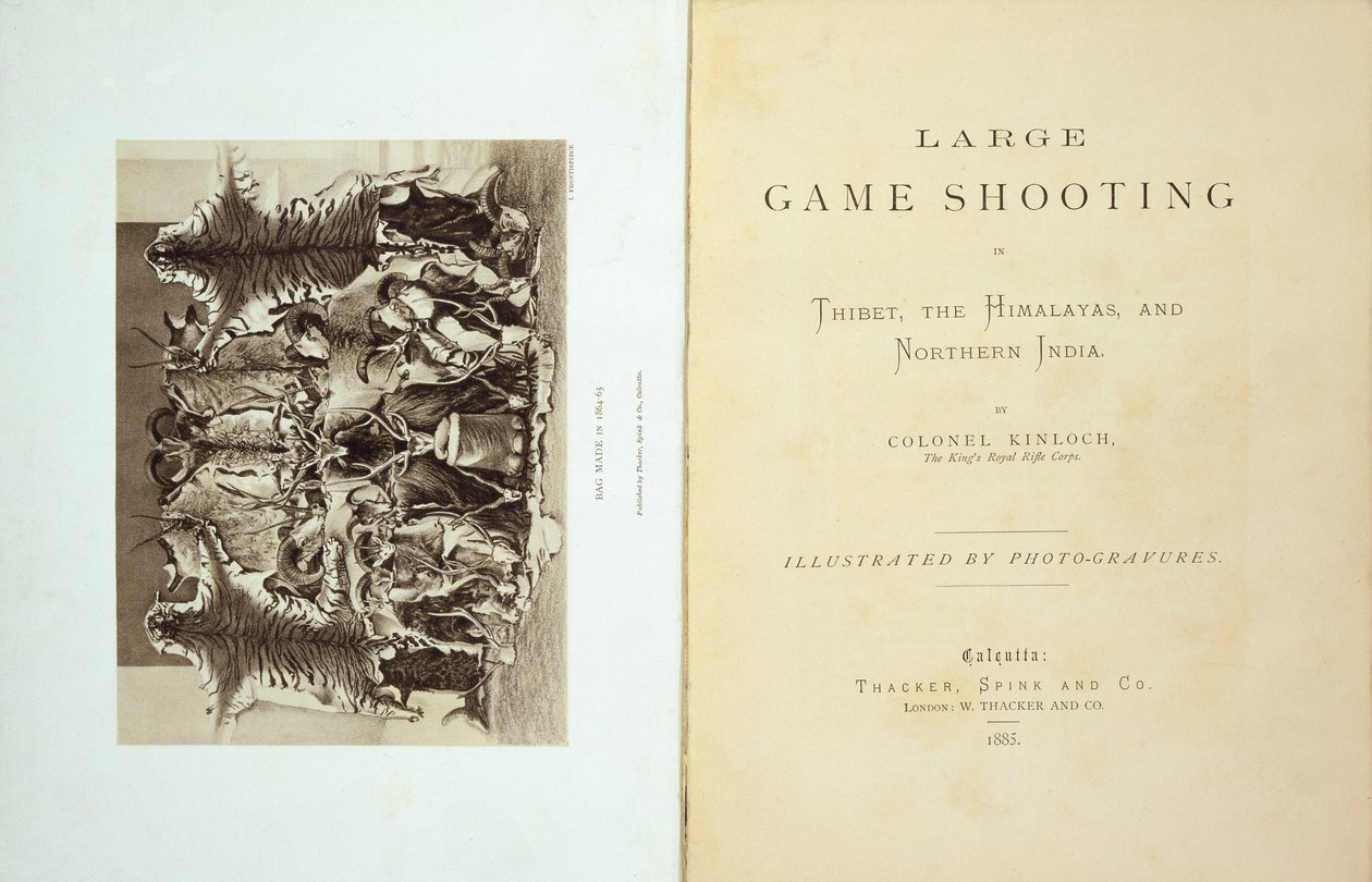 Titelsida och framsida av Storviltsskytte i Tibet, Himalaya och norra Indien av överste Alexander Kinloch, publicerad 1885 av English School