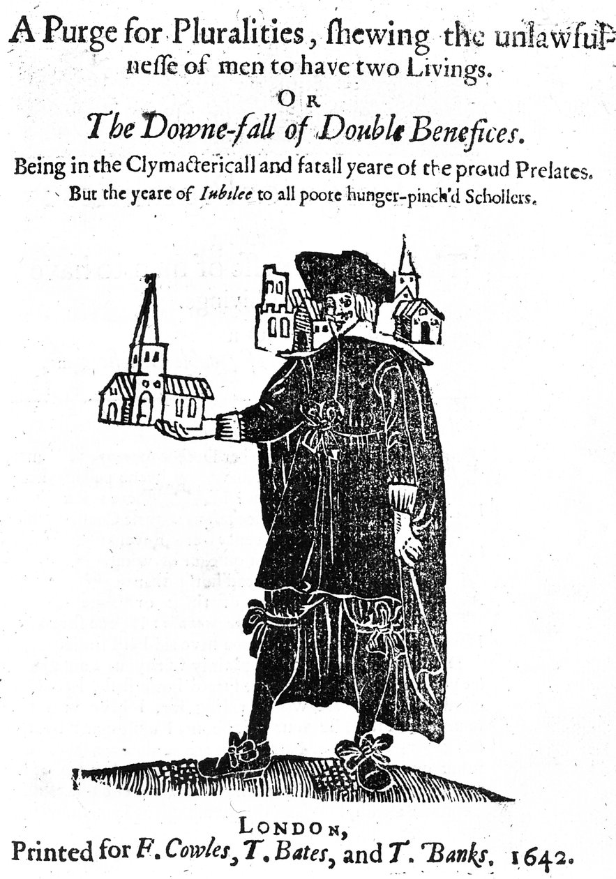 Titelsida för A Purge for Pluralities tryckt för F. Cowles, T. Bates och T. Banks, 1642 av English School