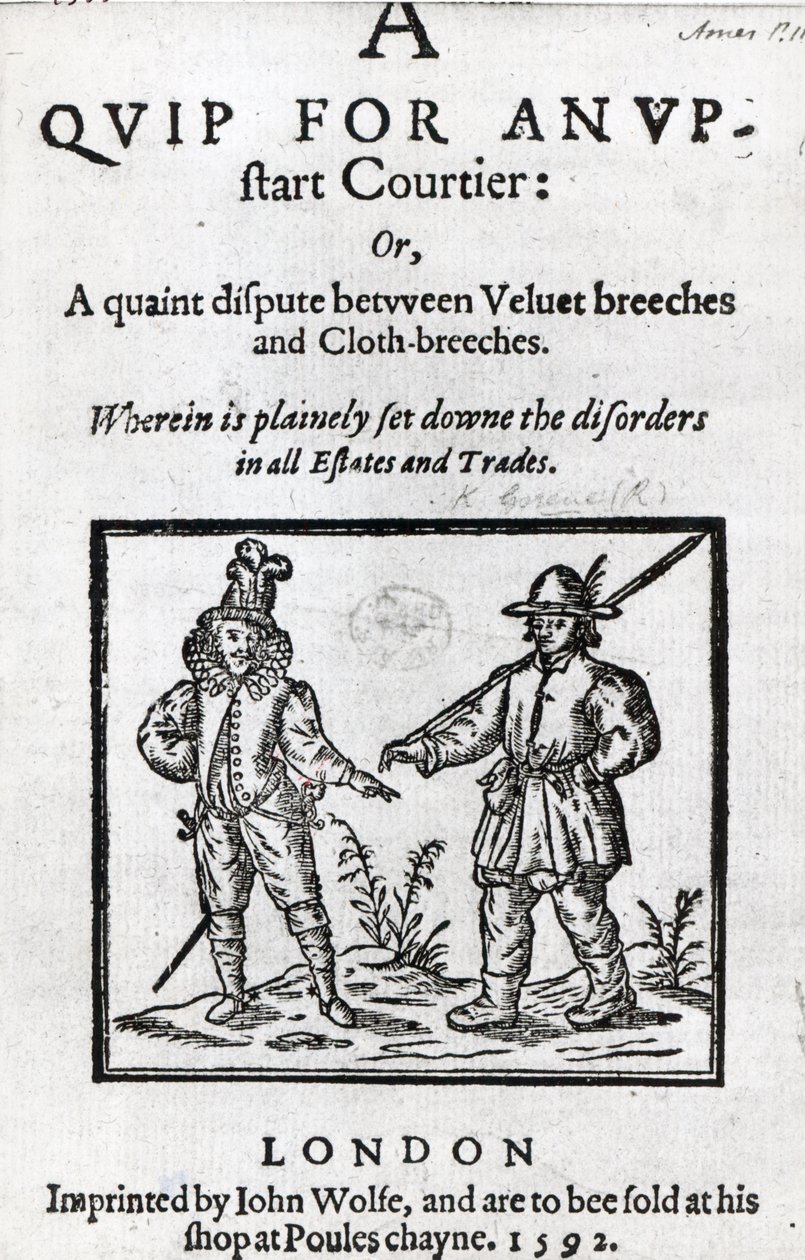 Titelsida för A Quip for an Upstart Courtier av Robert Greene, 1592 av English School