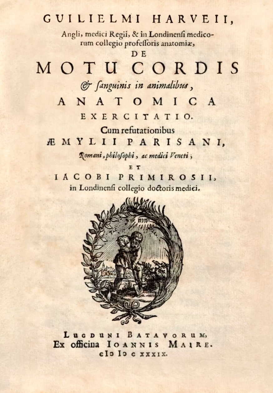 Titelsida från "De Motu Cordis set Sanguinis in Animalibus" (Hjärtats och blodets rörelse hos levande varelser) av William Harvey (1578-1657), utgiven 1628. av English School