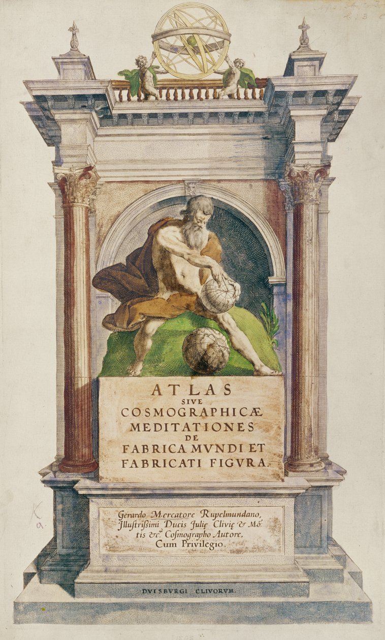 Titelsida från Mercators Atlas sive Cosmographicae meditationes de fabrica mundi et fabricati figura, 1595 (färggravyr) av English School