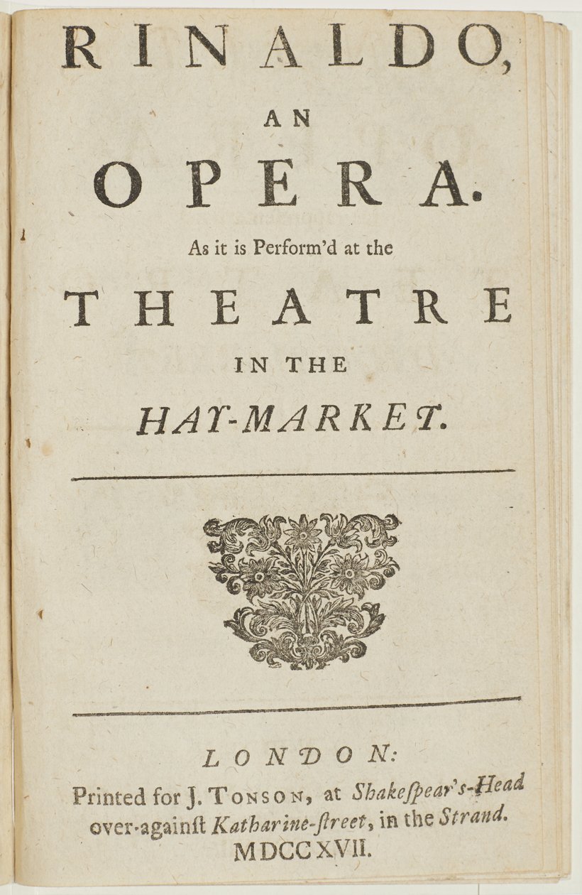 Titelsida från librettot av Händels opera "Rinaldo", av Giacomo Rossi, 1717 av English School