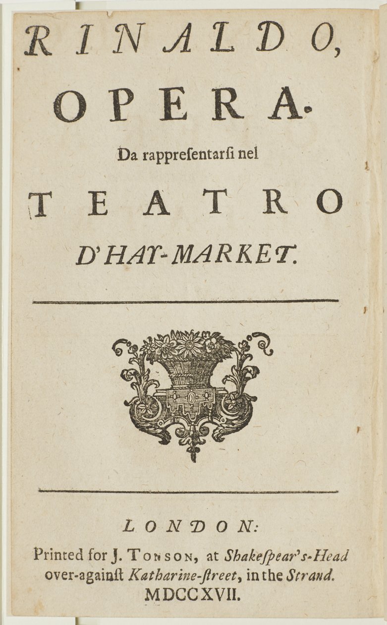 Titelsida från librettot av Händels opera "Rinaldo", av Giacomo Rossi, 1717 av English School