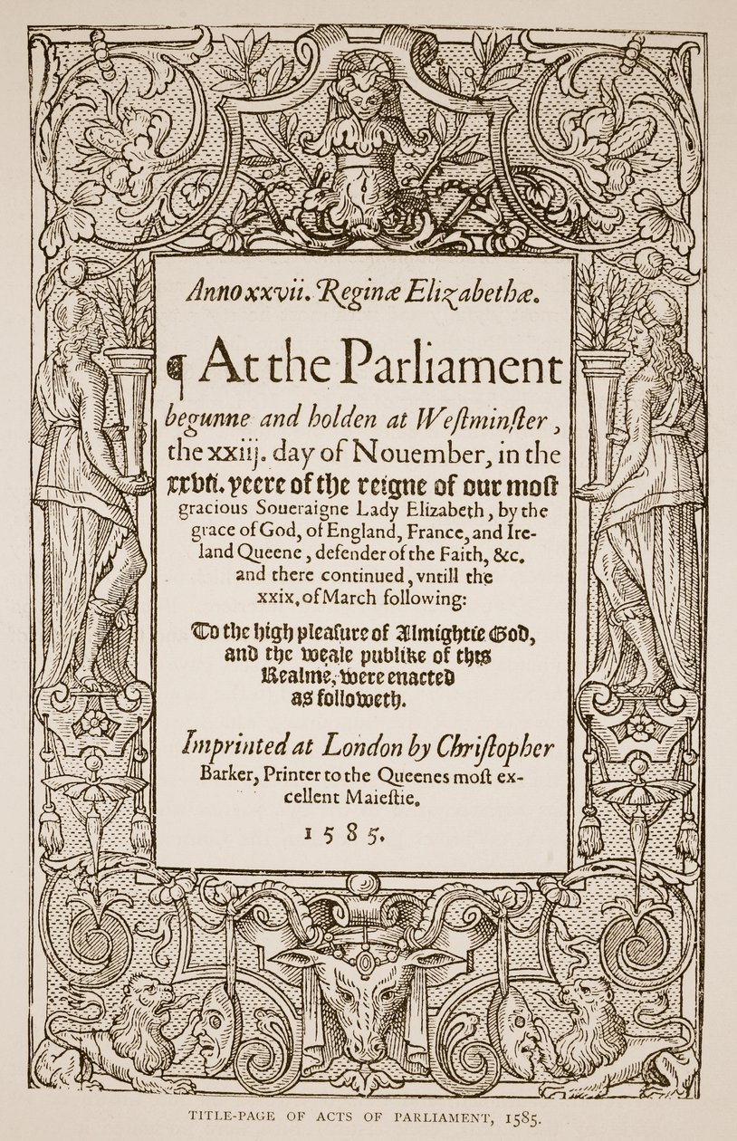 Titelsidan för Acts of Parliament, tryckt av Christopher Barker (1528-99), 1585 (sepiafoto) av English School