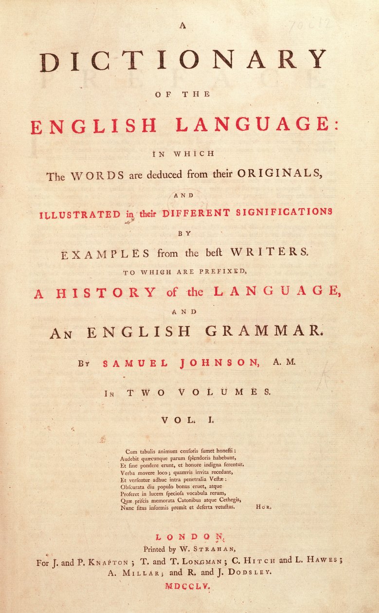 Titelsidan för Johnsons Dictionary of the Human Language London, 1755 av English School