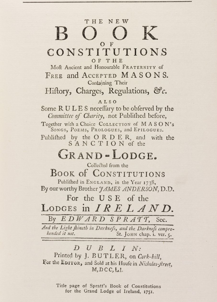 Titelsidan av Spratts Book of Constitutions for the Grand Lodge in Ireland, 1751 av English School