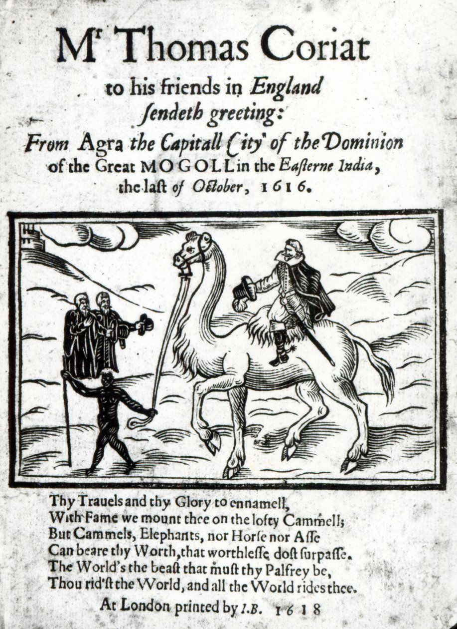 Titelsidan för Thomas Coryats postumt tryckt berättelse om hans resor i Indien, publicerad i London, 1618 (tryckt papper & träsnitt) av English School
