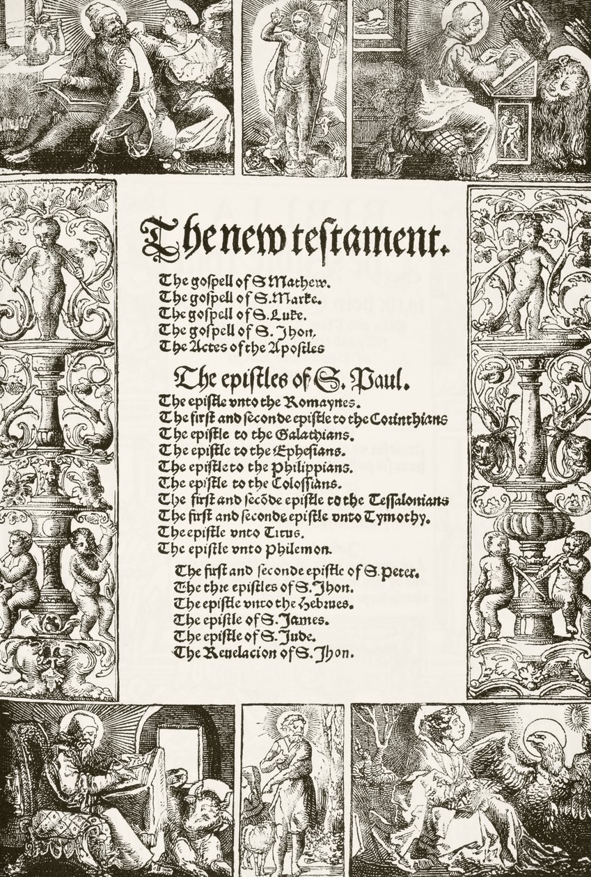 Titelsidan för William Tyndales New Testament, tryckt på 1530-talet, från The National and Domestic History of England av William Hickman Smith Aubrey (1858-1916) publicerad i London, ca 1890 av English School