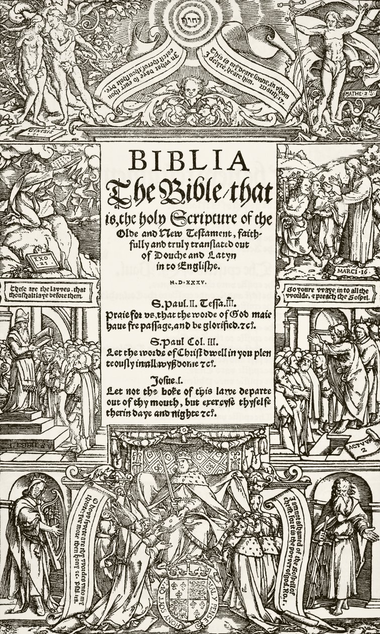 Titelsidan av Coverdale Bible, tryckt 1535, från The National and Domestic History of England av William Hickman Smith Aubrey (1858-1916) publicerad i London, ca 1890 av English School