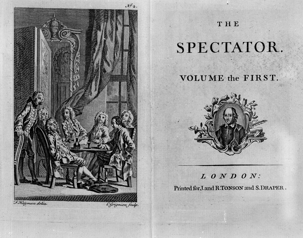 Titelsidan för den första volymen av den samlade upplagan av The Spectator, publicerad ca 1788 (tryckt papper) av English School