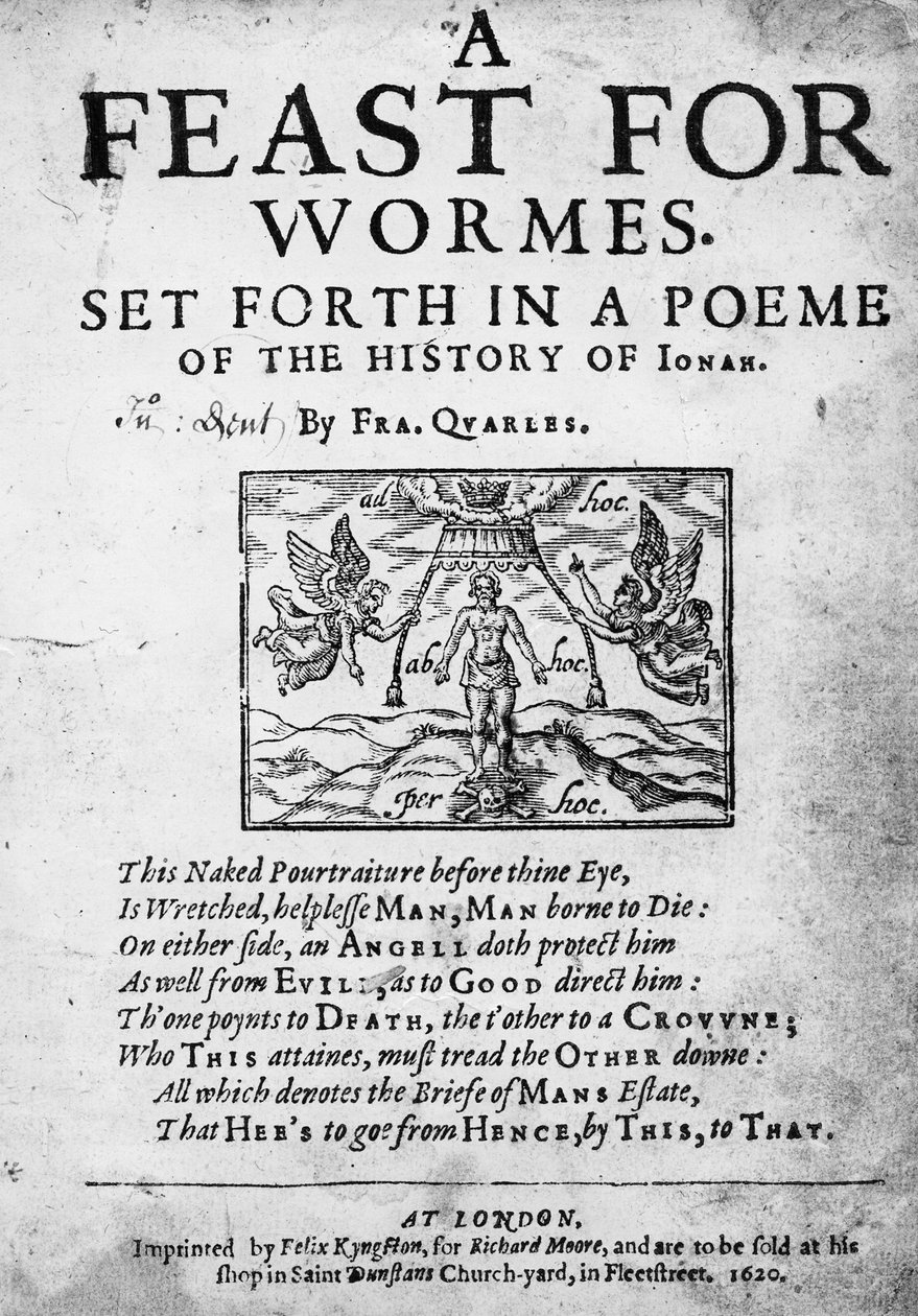 Titelsidan till A Feast for Worms, framställd i en Poem of the History of Jonah av Francis Quarles, 1620 av English School