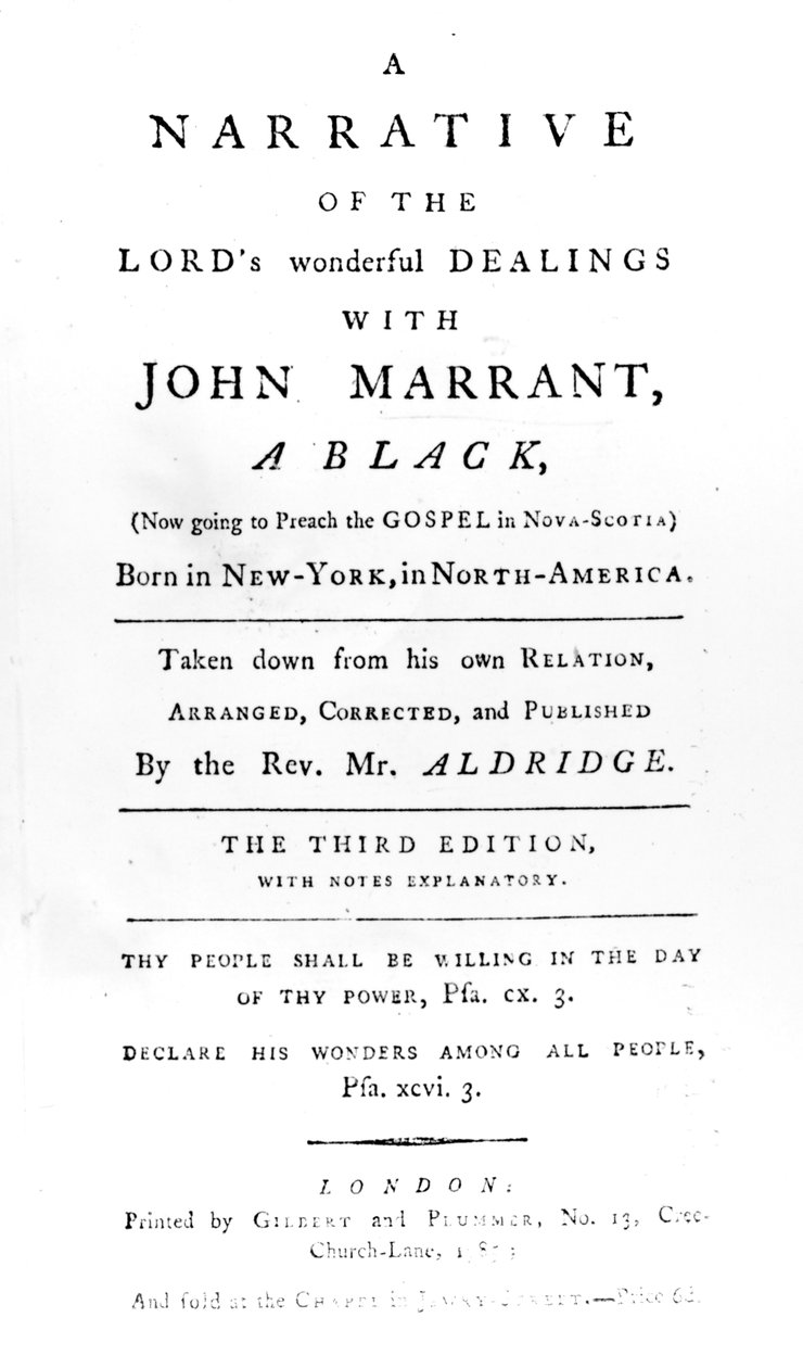 Titelsida till A Narrative of the Lords Wonderful Dealings with John Marrant, A Black transkriberad av pastor William Aldridge, 1785 av English School