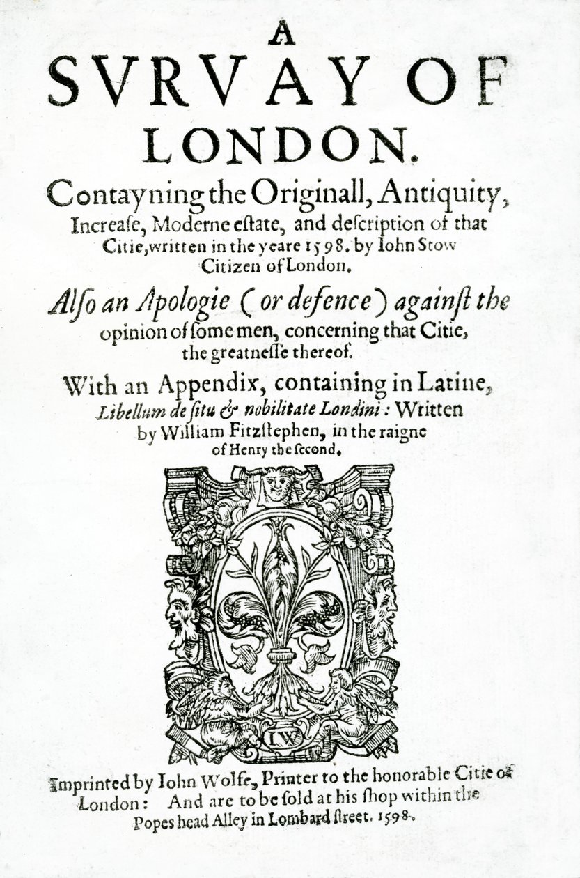 Titelsida till A Survey of London av John Stow, publicerad 1598 (tryckt papper) av English School