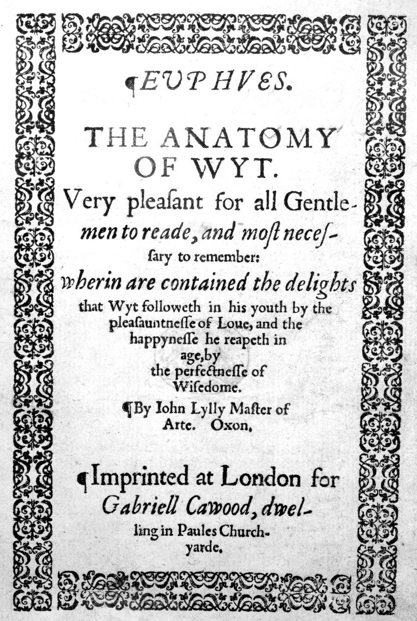 Titelsida till Euphues, or the Anatomy of Wit av John Lyly, publicerad 1578 av English School