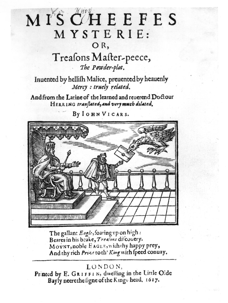 Titelsida till Mischeefes Mysterie eller Treasons Master-peece, the Powder-plot, av John Vickers, 1617 av English School