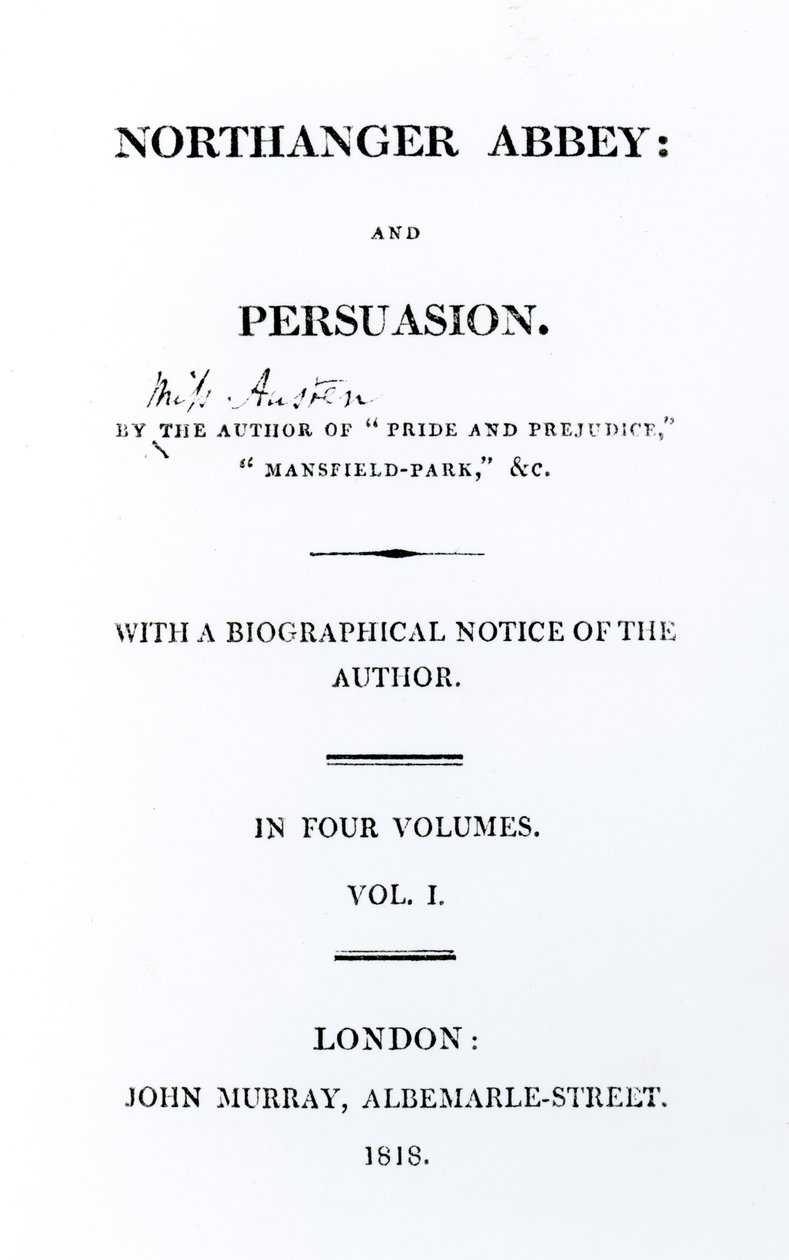 Titelsida till Northanger Abbey and Persuasion av Jane Austen, första upplagan, 1818 av English School