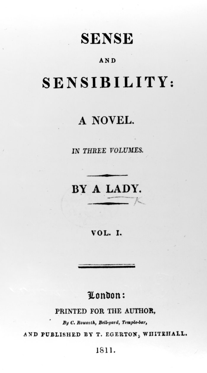Titelsida till Sense and Sensibility av Jane Austen, första upplagan, 1811 av English School