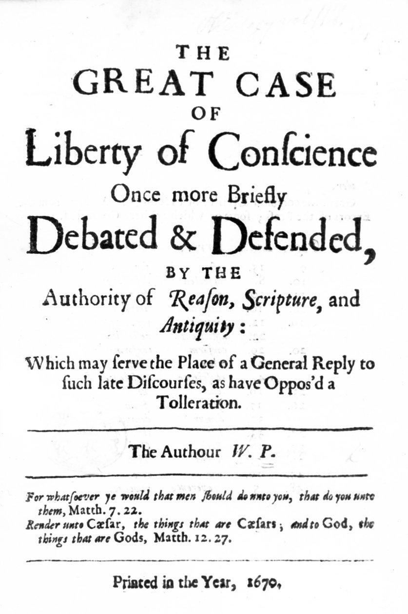 Titelsida till The Great Case of Liberty of Conscience av William Penn, publicerad 1670 av English School
