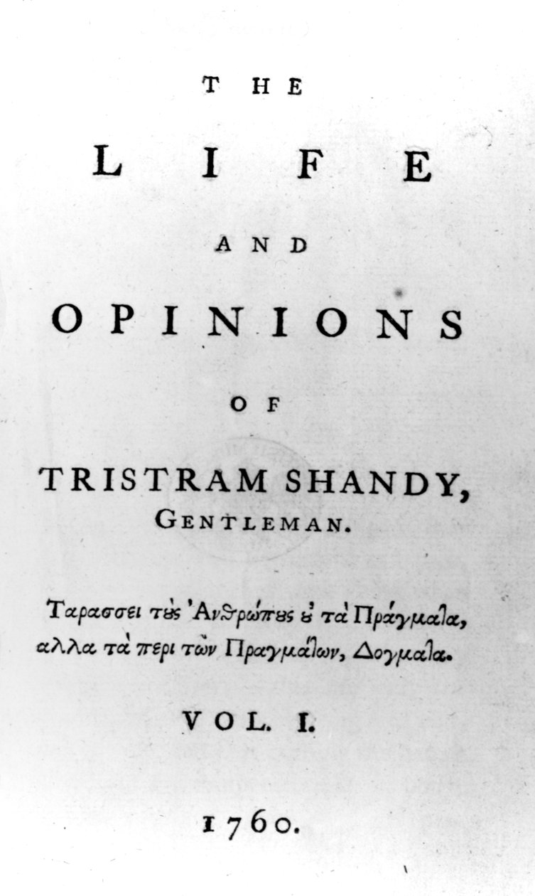 Titelsida till The Life and Opinions of Tristram Shandy, Gentleman av Laurence Sterne, publicerad 1760 av English School