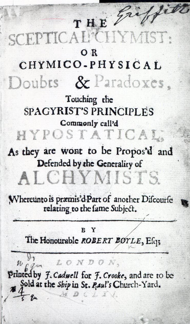 Titelsida till The Skeptical Chymist av Robert Boyle, 1661 (tryckt) av English School