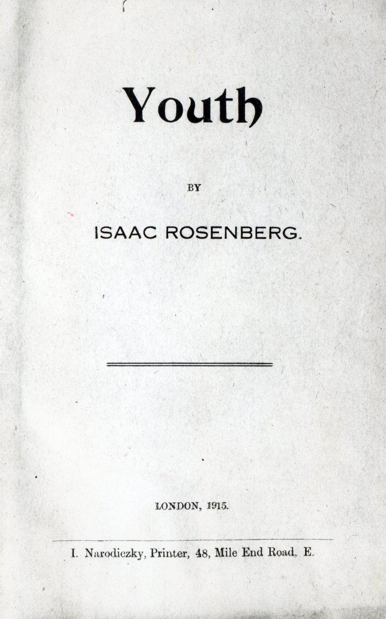 Titelsida till Youth, en diktsamling av Isaac Rosenberg, första upplagan 1915 (tryckt) av English School