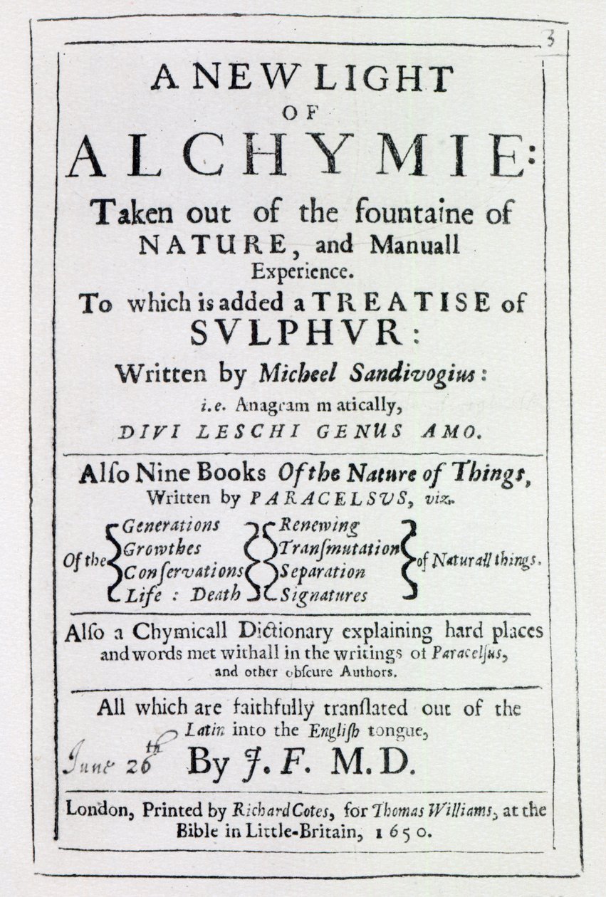 Titelsida till den engelska upplagan av A New Light on Alchemy av Michal Sedziwoj, 1650 (tryck) av English School