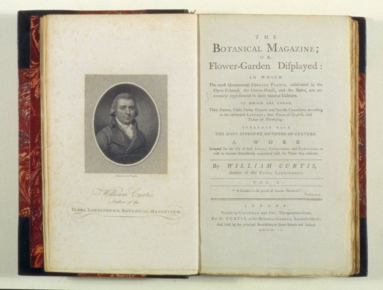 Titelsida med porträtt av William Curtis (1749-99), från The Botanical Magazine or Flower-Garden Displayed, av William Curtis, publicerad 1790 av English School