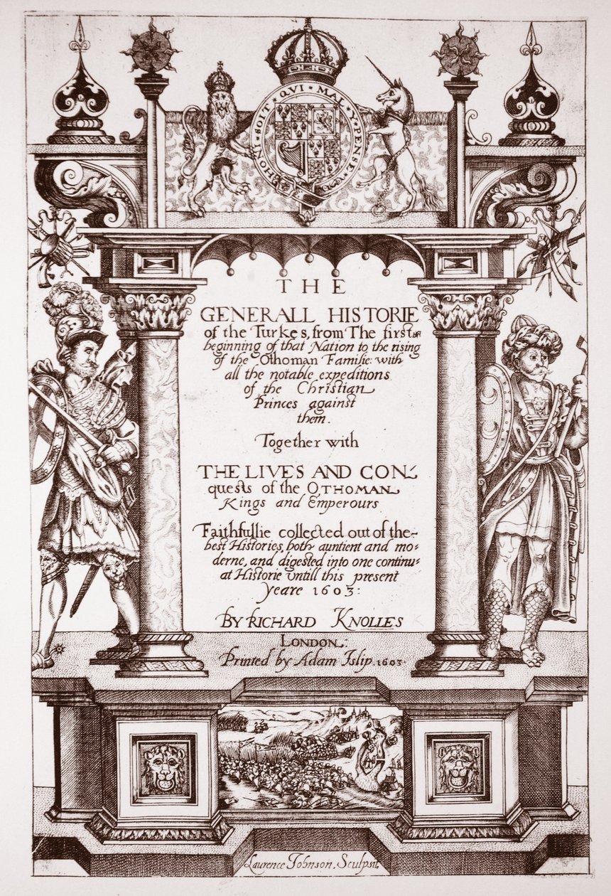 Titelsida, Knolles Generall Historien om turkarna, pub. av Adam Islip, 1603 av English School